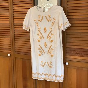Loft dress. M, White with ochre embroidery design. Fully lined. Short sleeves.